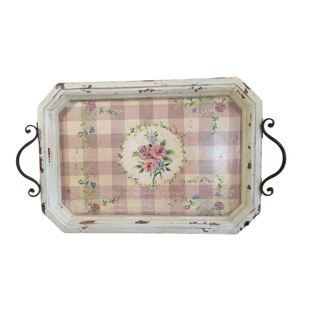 Wood Serving Tray Distressed Antique Style Metal Handles 17"x12" Hobby Lobby